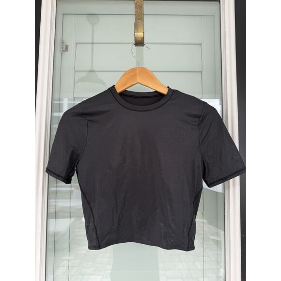 lululemon Wundermost Ultra-Soft Nulu Crewneck Cropped T-Shirt Black Shine Small - Picture 3 of 6